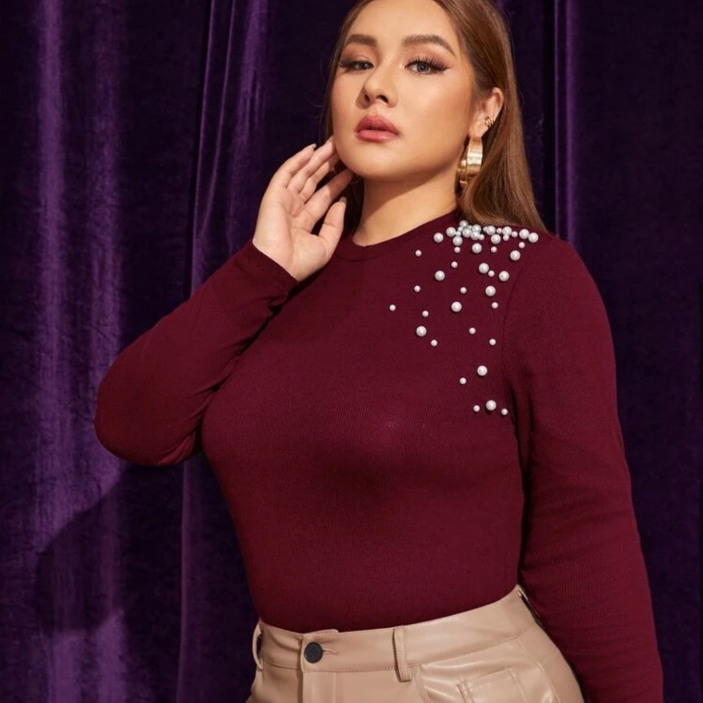 Burgundy Shein Plus Ribbed Pearl Beaded Top